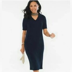 Chicos Travelers Embroidered Neck Band Choker Knee Length Dress Navy Blue